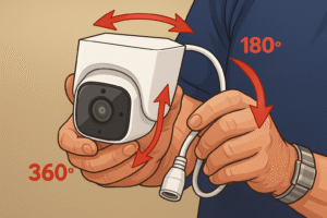 Person holding a white security camera showing 360-degree rotation and 180-degree tilt capabilities