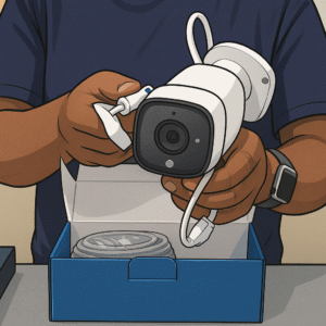 Hands holding the Eufy E40 bullet security camera above its packaging
