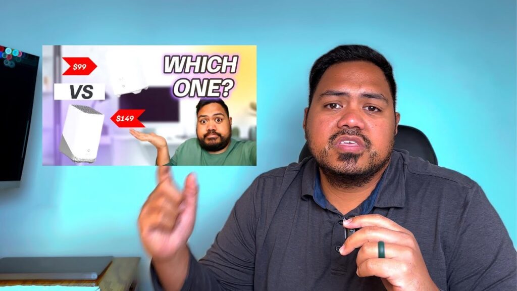 Content creator pointing at Eufy HomeBase 2 vs HomeBase 3 thumbnail during product comparison video