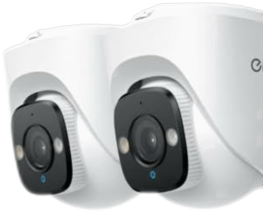Two Eufy E41 turret-style security cameras with rounded dome design and built-in LED indicators