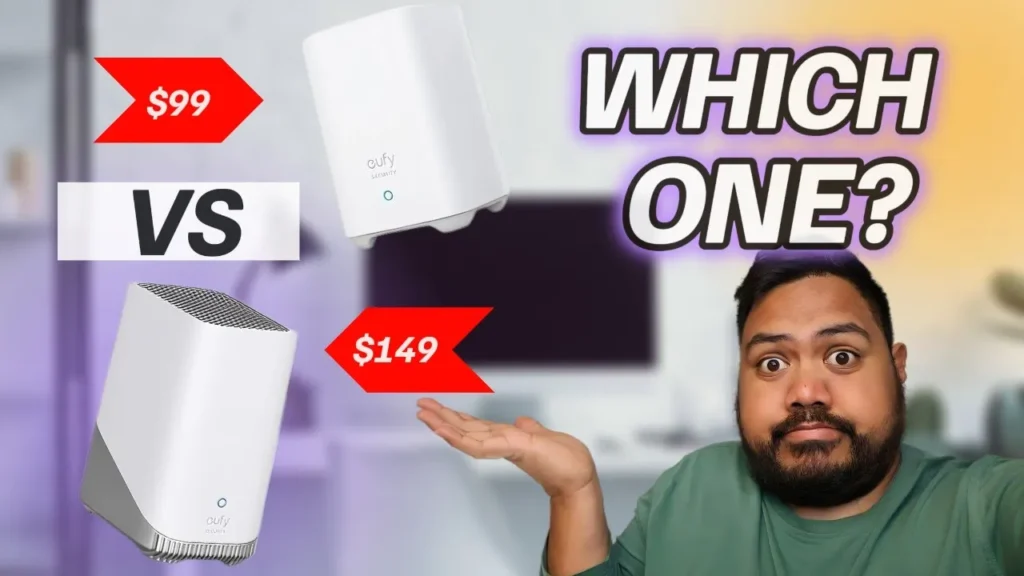 Person comparing Eufy HomeBase 2 and HomeBase 3 with prices and "Which One?" text overlay