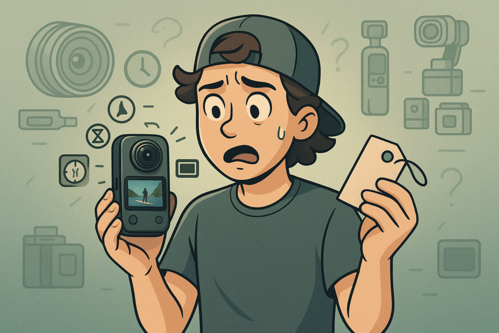 Stylized comic-style illustration of a confused content creator holding a DJI Osmo 360 camera in one hand and a price tag in the other, surrounded by faint icons of camera alternatives and symbols of the 360 camera’s quirks.