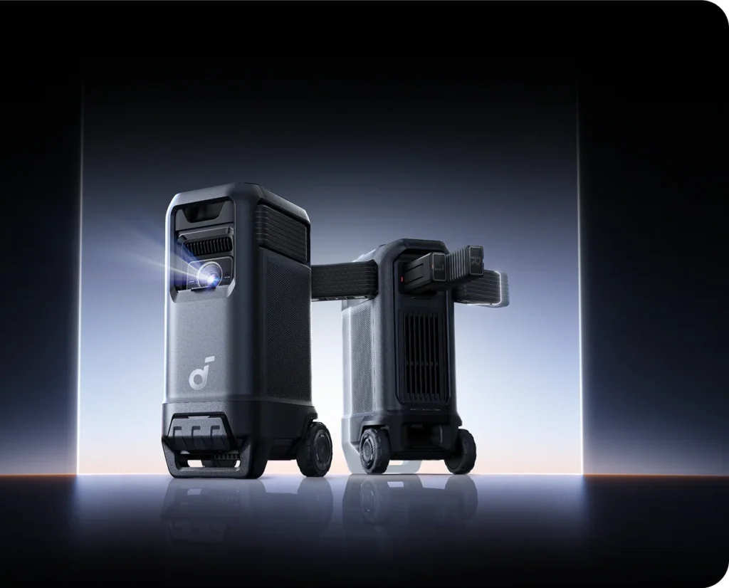 “Soundcore Nebula X1 Pro mobile theater projector with 4K laser and 7.1.4 Dolby Atmos surround sound system in rolling case.”