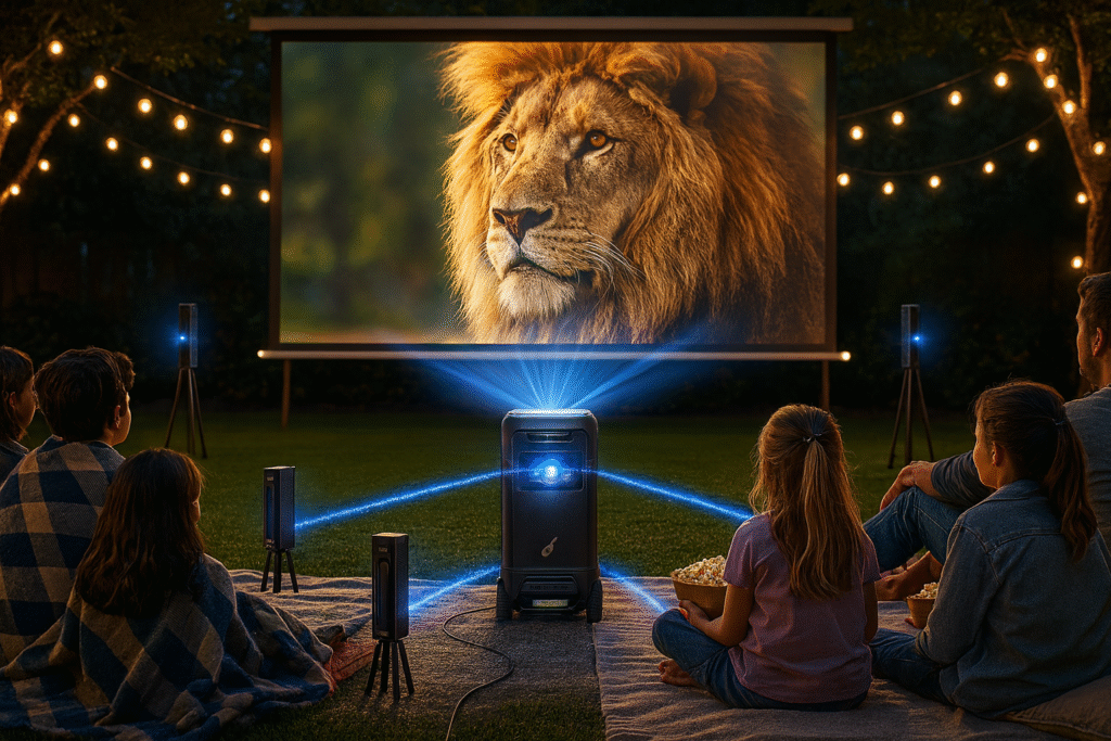 “Soundcore Nebula X1 Pro projector with wireless surround speakers set up for an outdoor movie night, delivering 4K projection and 7.1.4 Dolby Atmos sound.”