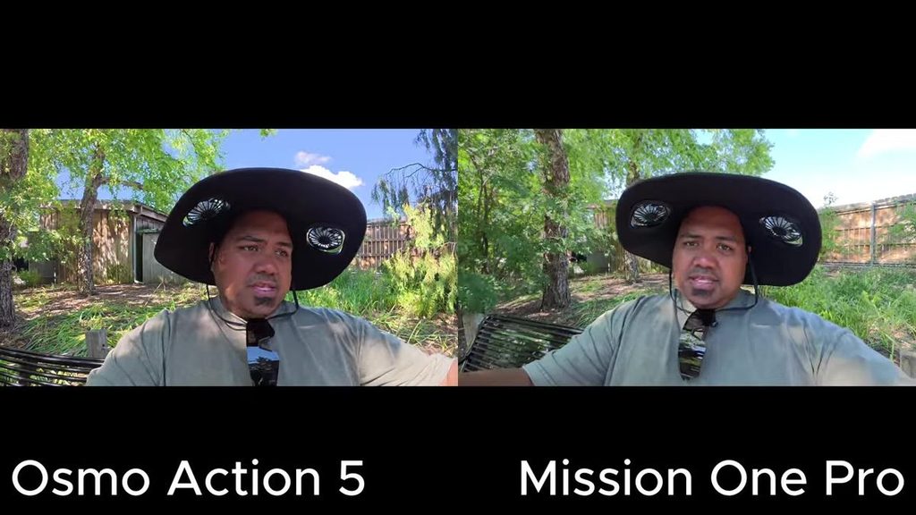 Osmo Action 5 (left) vs Mission One Pro (right), shaded park bench, talking audio A/B