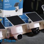 The four Eufy solar cameras lined up on a plank