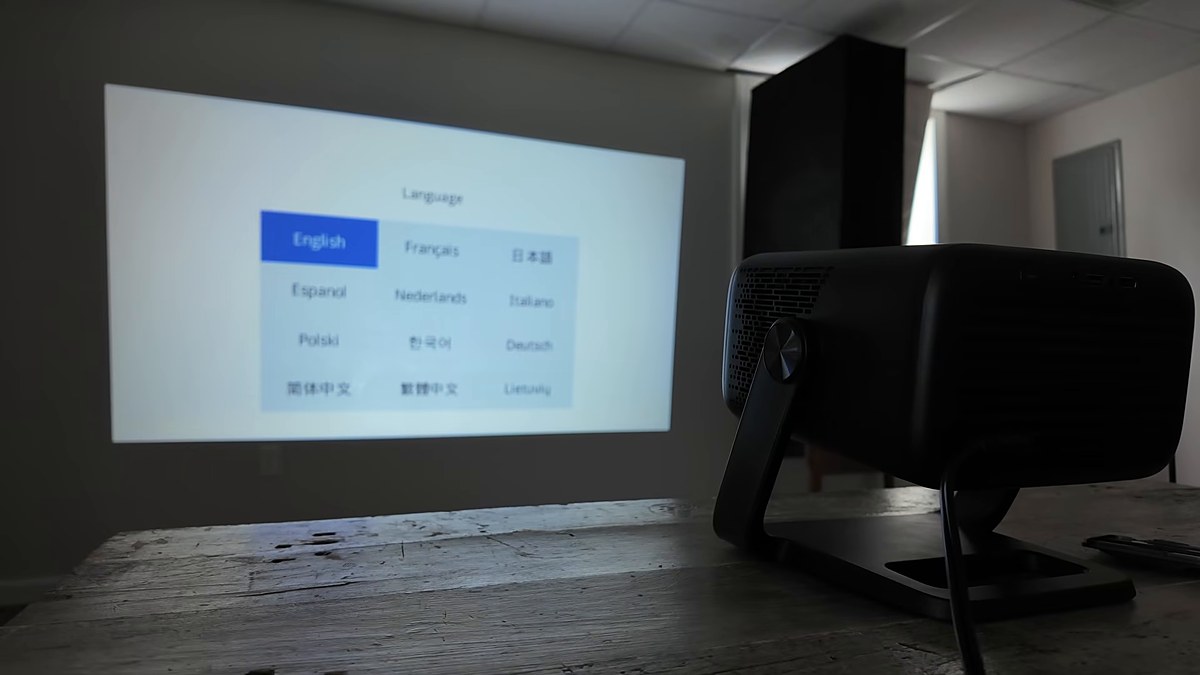 Amazon portable projector setup hell — language menu projected with power cable plugged in