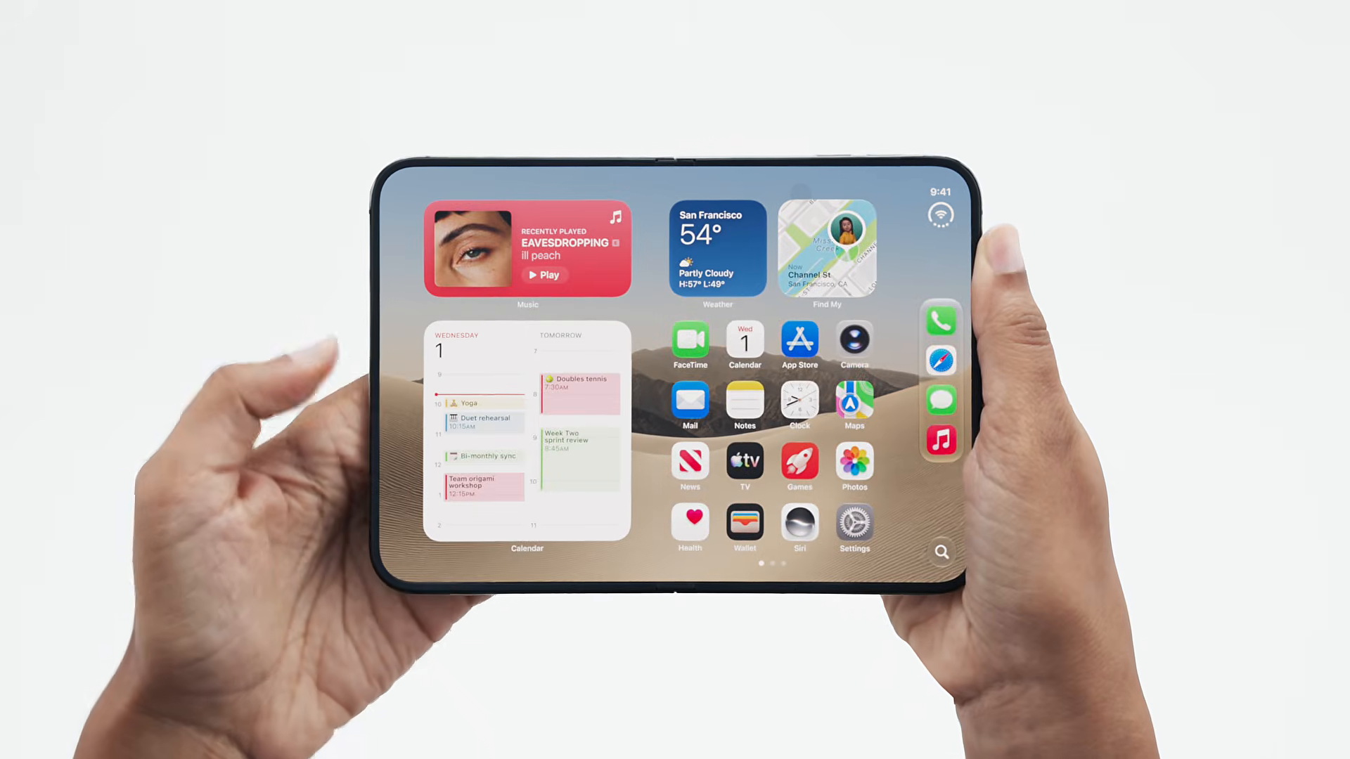 iPhone Duo fully open on home screen with widgets
