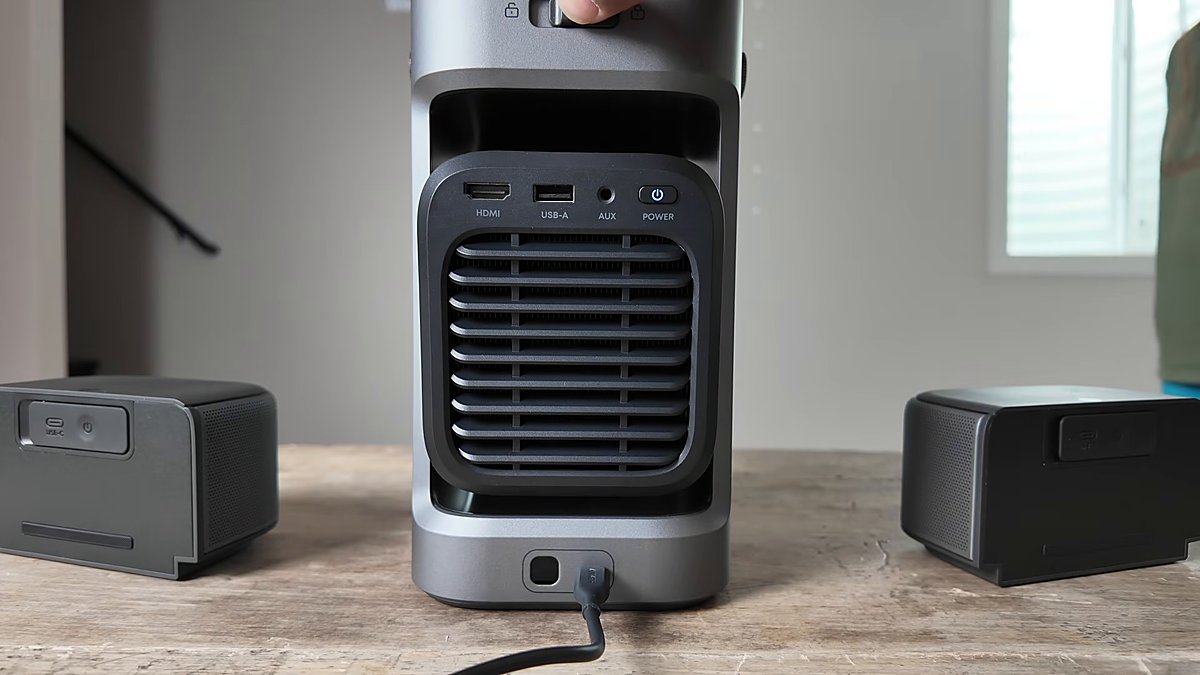 Nebula P1 rear ports with USB-C power cable plugged in