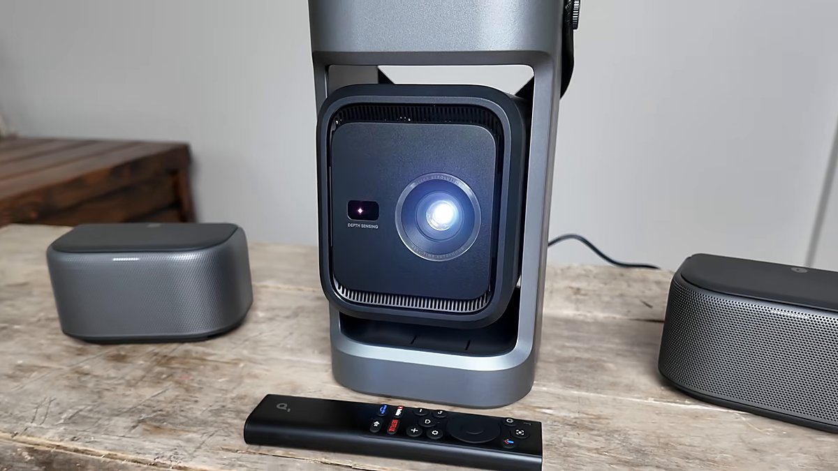 Nebula P1 projector with two speakers fully detached on table