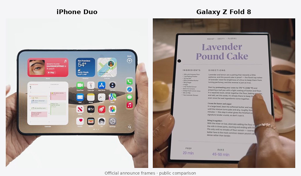iPhone Duo vs Galaxy Z Fold 8 side-by-side from official announce frames