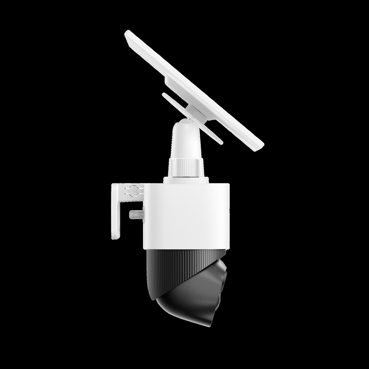 eufy SoloCam E50 side profile — dual lenses, pan-tilt head, solar panel, wall mount