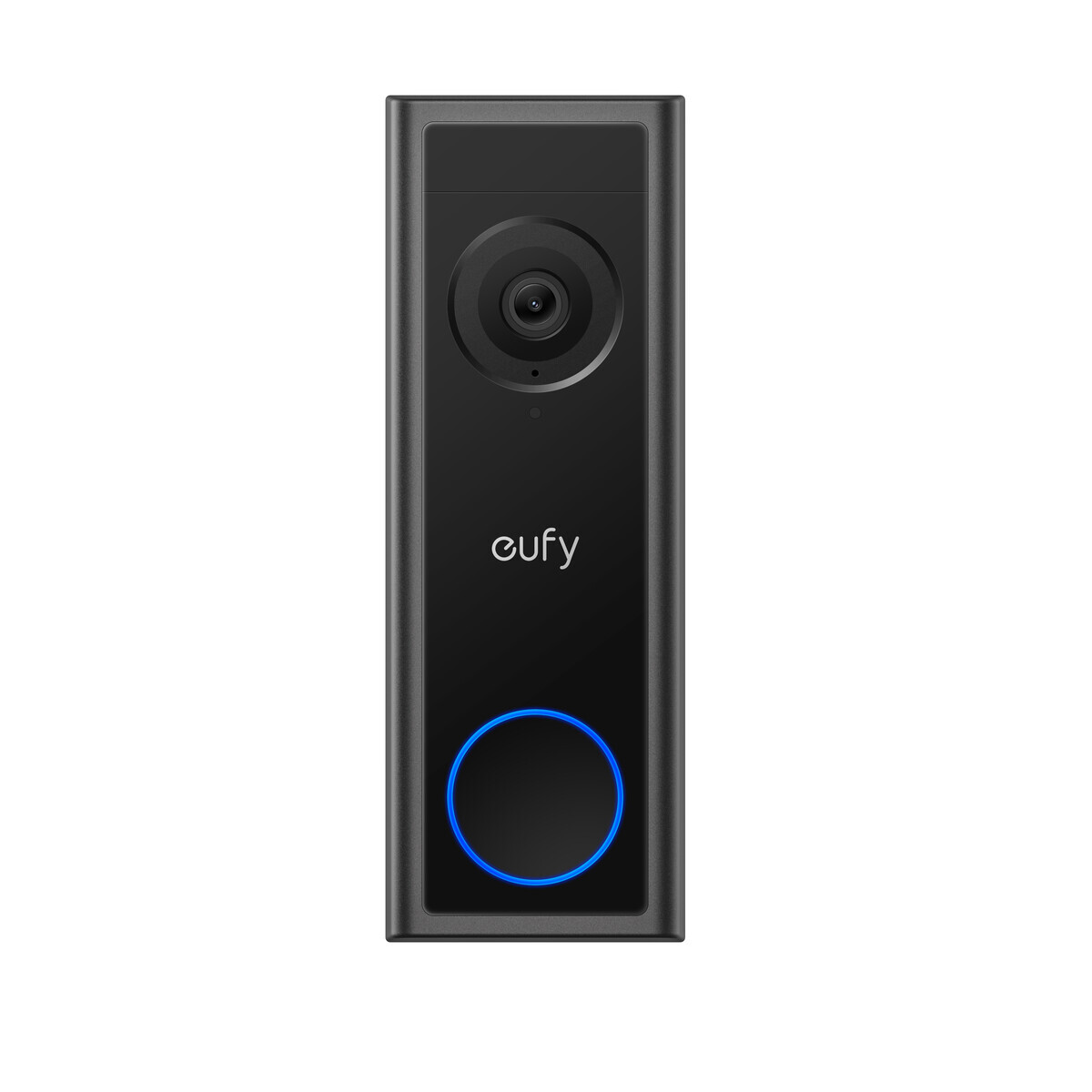 eufy Video Doorbell S4 front view — tall black doorbell with blue ring button