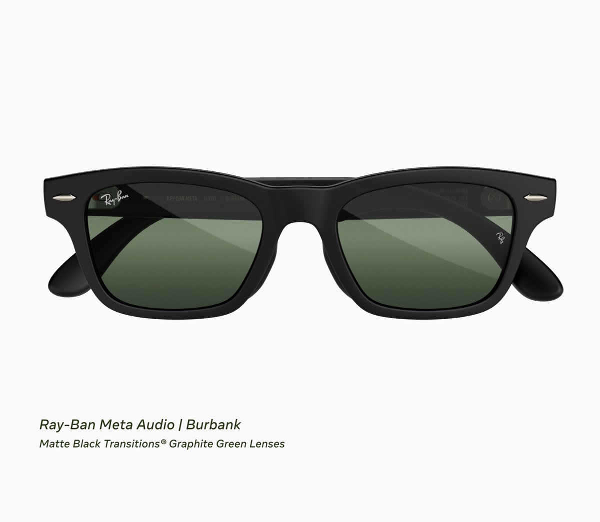 Ray-Ban Meta Audio Burbank glasses in matte black with Graphite Green Transitions lenses, front product shot on white background