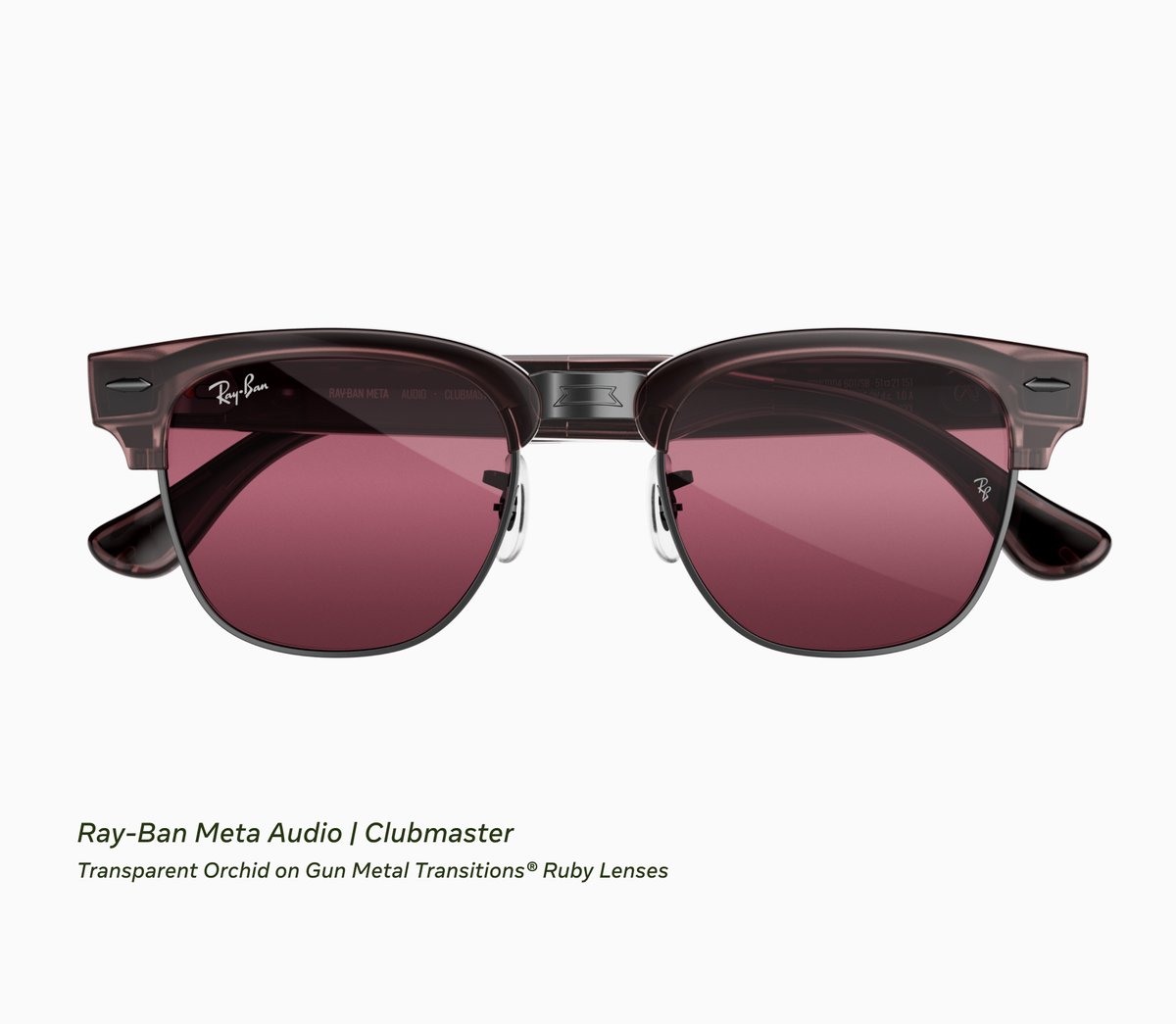 Ray-Ban Meta Audio Clubmaster glasses in Transparent Orchid on Gun Metal with Ruby Transitions lenses, front product shot on white background