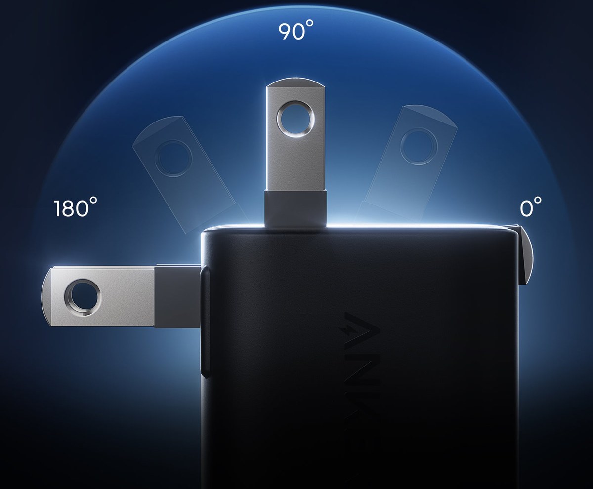 Anker Nano Smart Display charger in black with its folding prongs shown at 0, 90, and 180 degrees