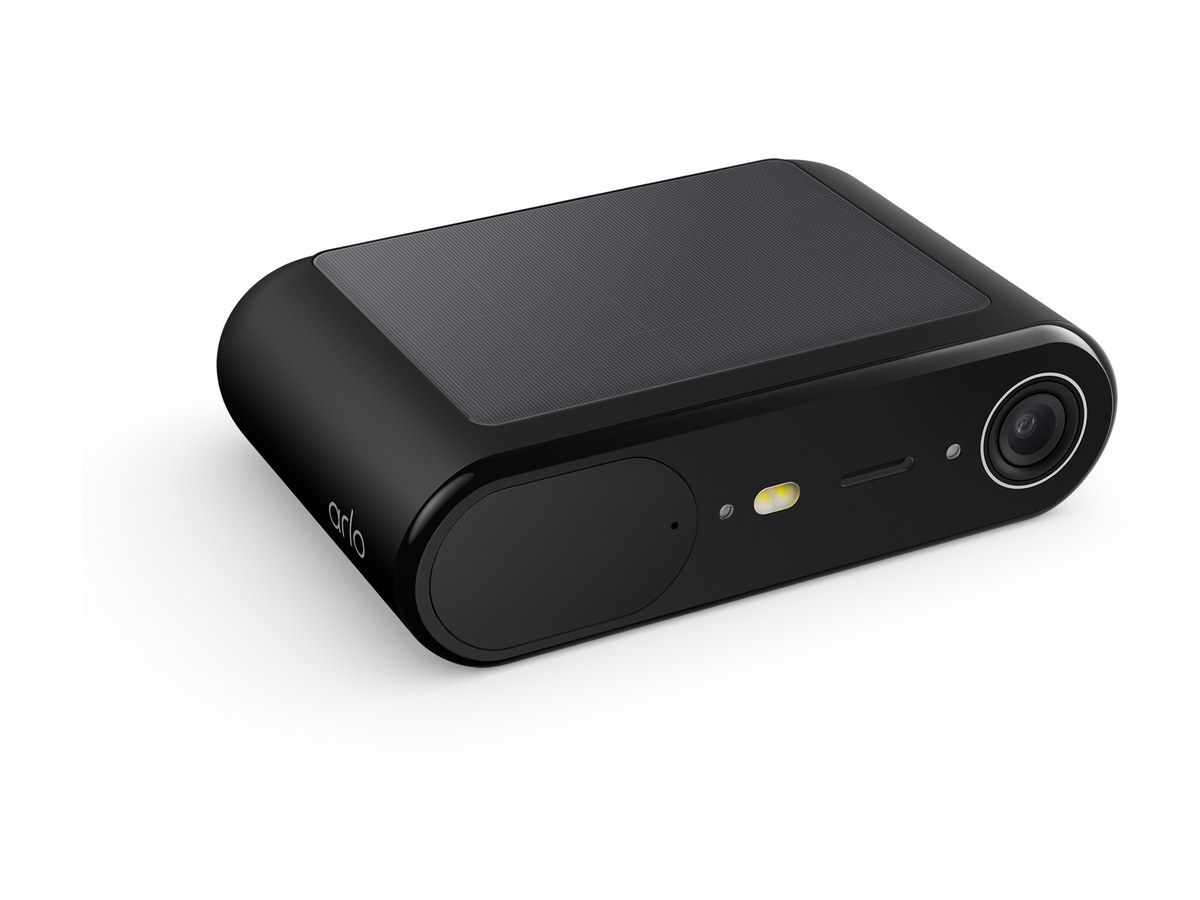 Arlo Essential Solar Security Camera in black, showing the built-in 1.2W solar panel on top