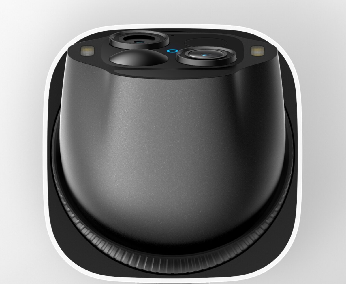 eufy SoloCam E50 seen from below, showing its two camera lenses, spotlights and pan-tilt head