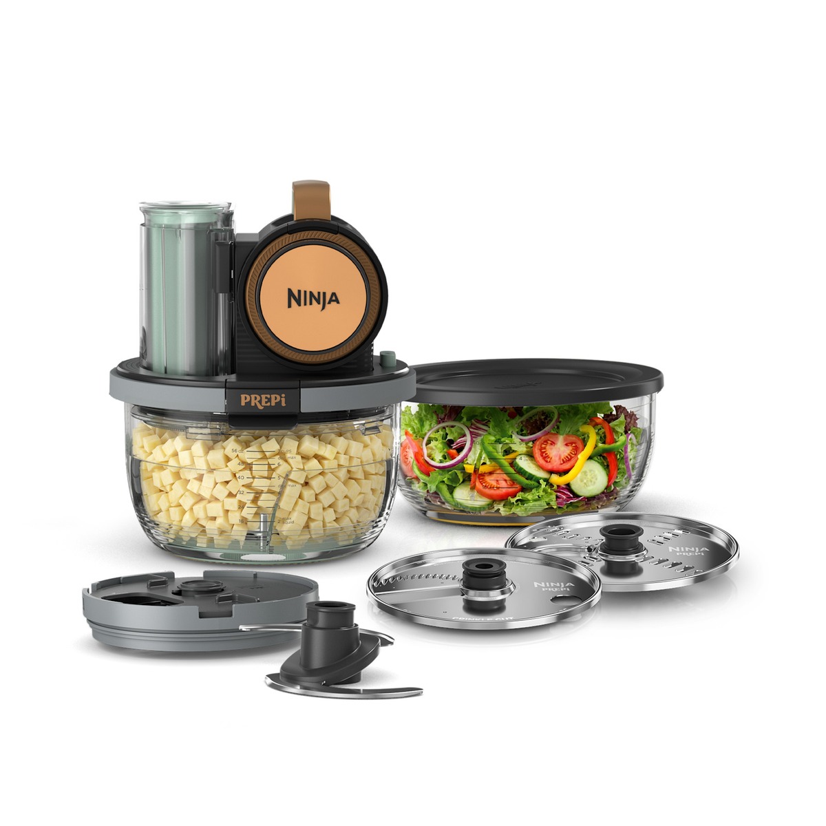 Ninja PREPi PN351 6-in-1 prep system hero with Copper and Teal accents, bowl of uniformly diced potatoes, lidded salad bowl, chop blade, storage lid, and cutting discs on white background