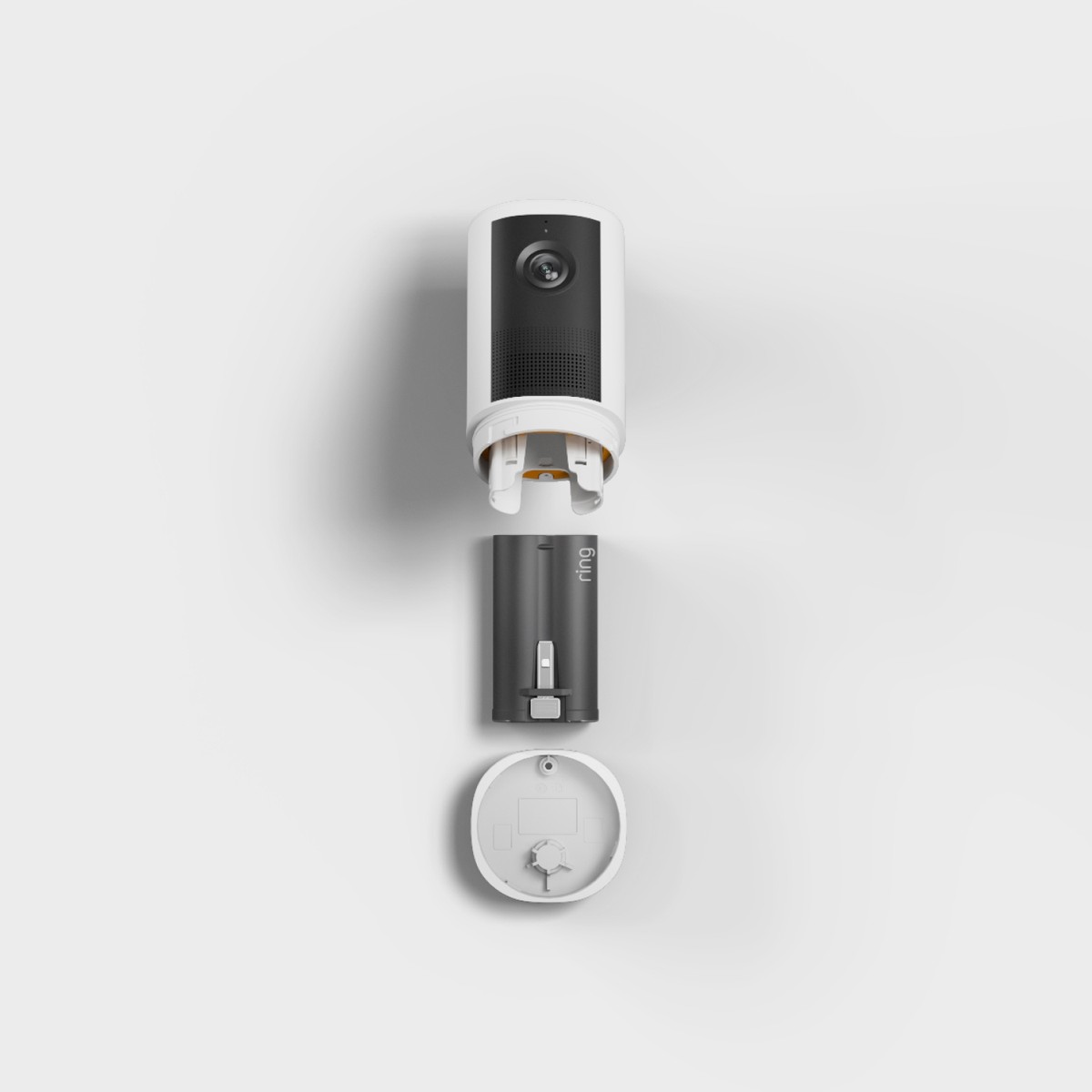 Ring Outdoor Cam 4K Plus with its removable battery pack and mount laid out